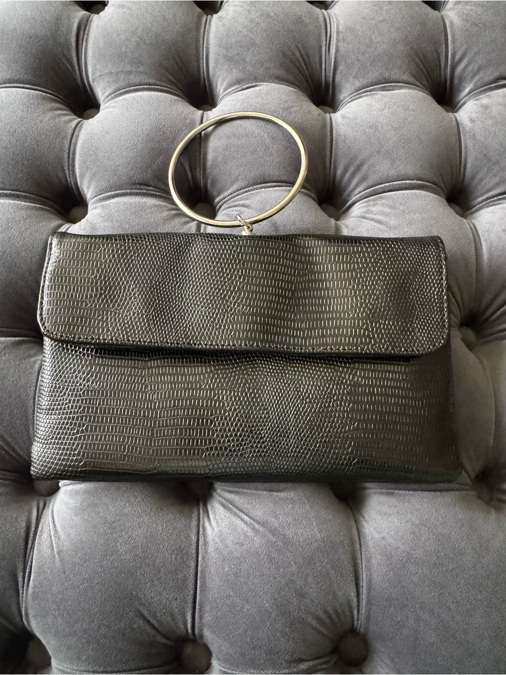 Black Textured Leather Bracelet-Handle Clutch